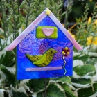 Blue bird house fused glass yard art